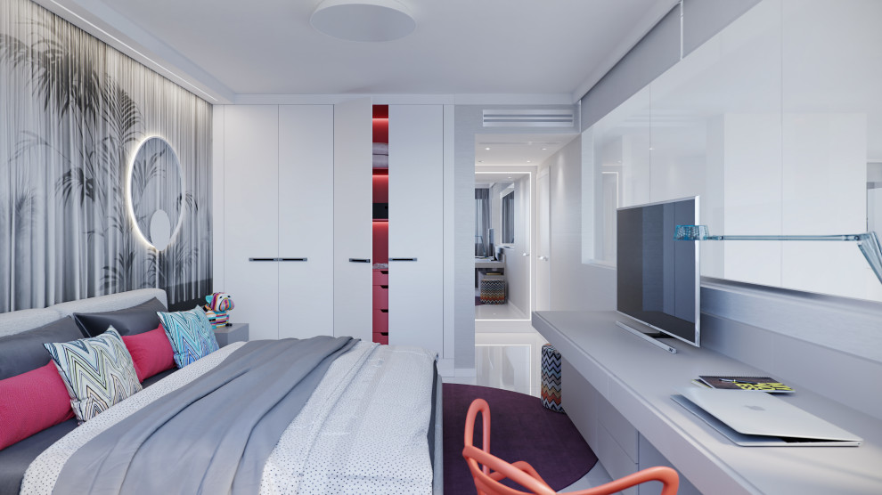 Идея дизайна: гостевая спальня среднего размера, (комната для гостей) в современном стиле с серыми стенами, полом из керамогранита и белым полом