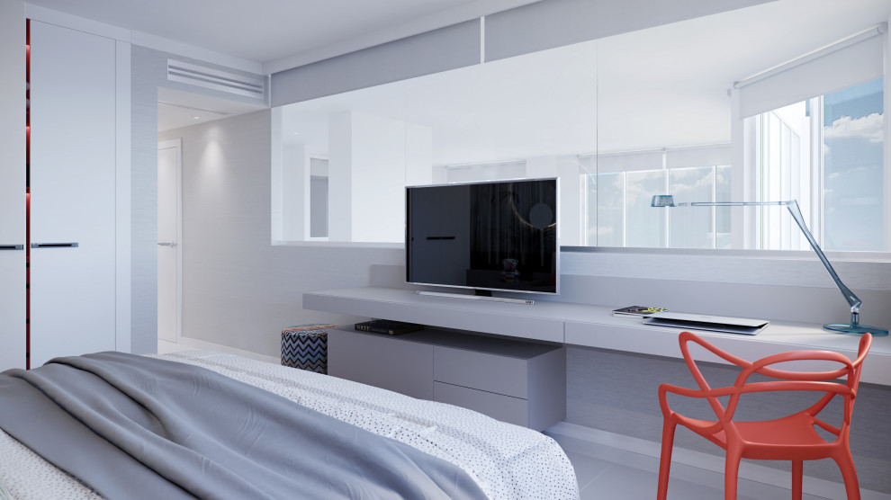 Пример оригинального дизайна: гостевая спальня среднего размера, (комната для гостей) в стиле модернизм с серыми стенами, полом из керамогранита, белым полом и обоями на стенах