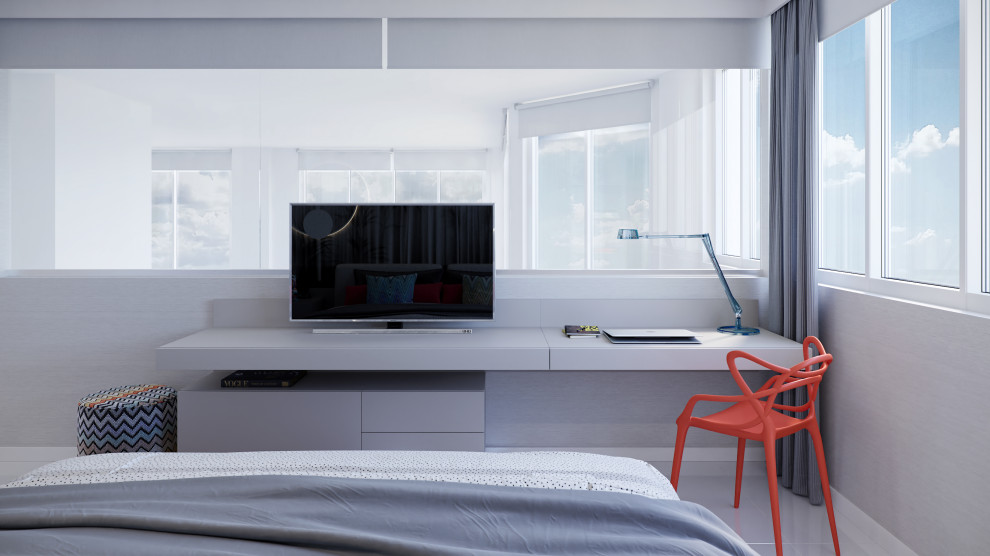 На фото: гостевая спальня среднего размера, (комната для гостей) в стиле фьюжн с серыми стенами, полом из керамогранита, белым полом и обоями на стенах