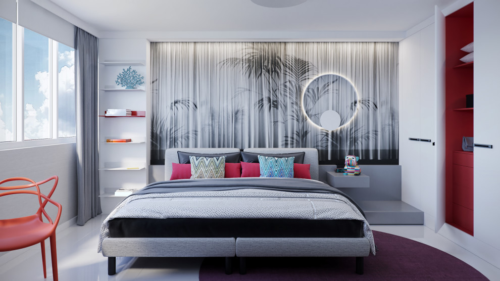 На фото: гостевая спальня среднего размера, (комната для гостей) в современном стиле с серыми стенами, полом из керамогранита, белым полом и обоями на стенах