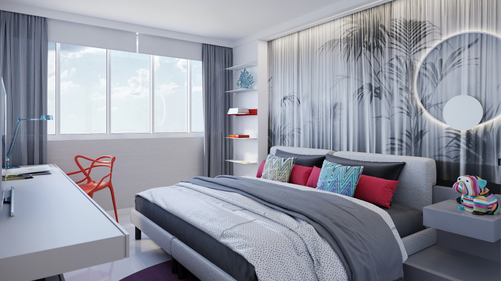 Mittelgroßes Nordisches Gästezimmer mit grauer Wandfarbe, Porzellan-Bodenfliesen und weißem Boden in Miami
