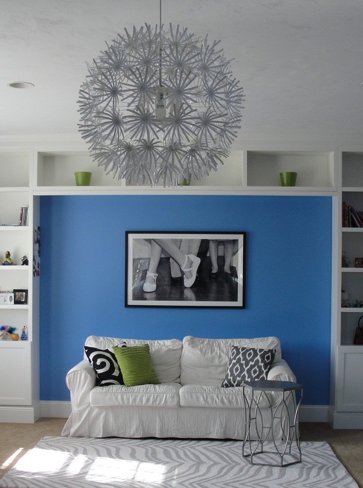 Bedroom - transitional carpeted bedroom idea in Boston with blue walls