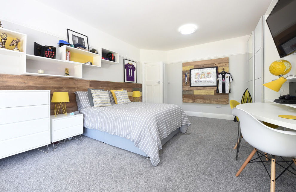 Foto di una camera da letto design di medie dimensioni con moquette e pavimento grigio