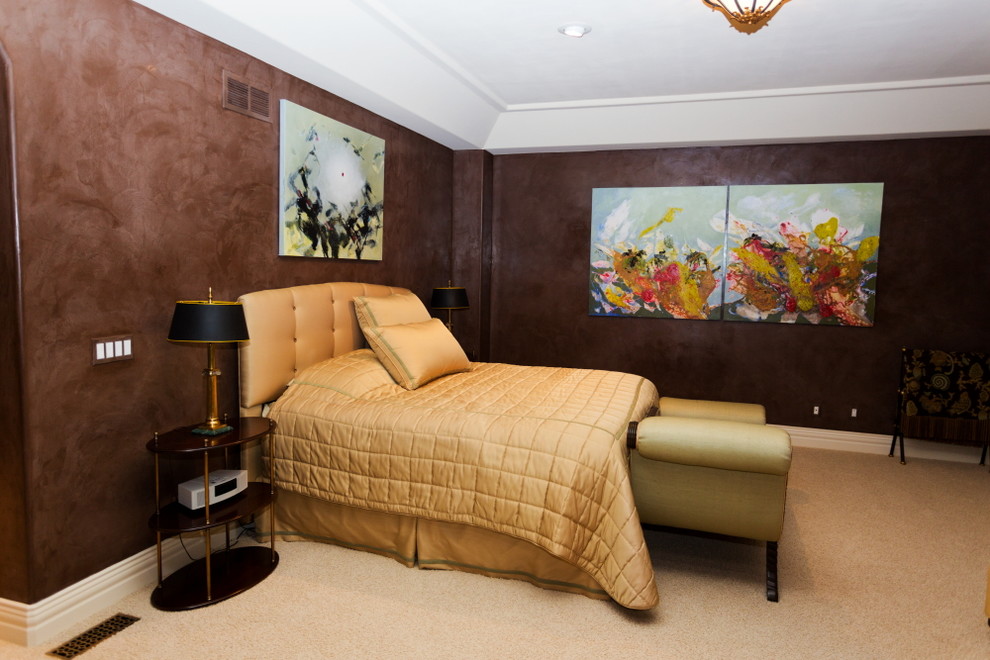 Mid-sized elegant master carpeted bedroom photo in Denver with brown walls