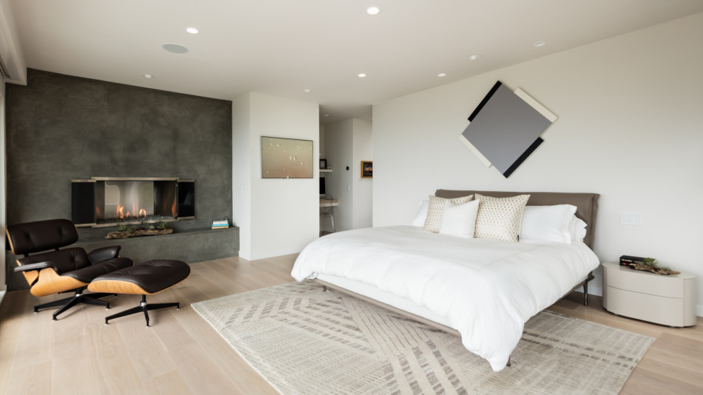 На фото: большая хозяйская спальня в современном стиле с белыми стенами, светлым паркетным полом, стандартным камином и фасадом камина из бетона с