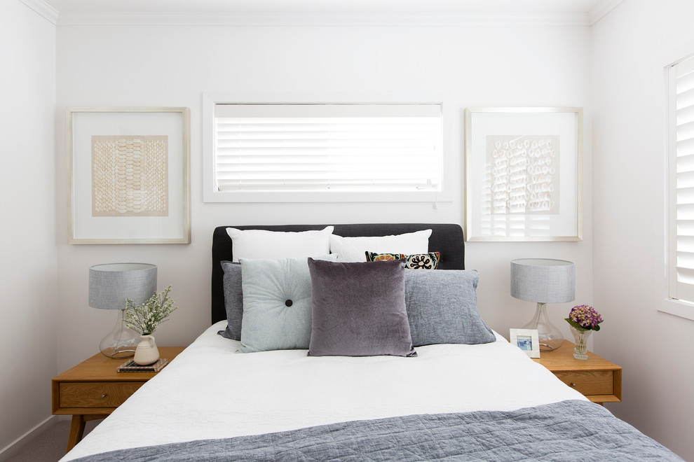 ブリスベンにあるコンテンポラリースタイルのおしゃれな主寝室 (白い壁、カーペット敷き、暖炉なし)
