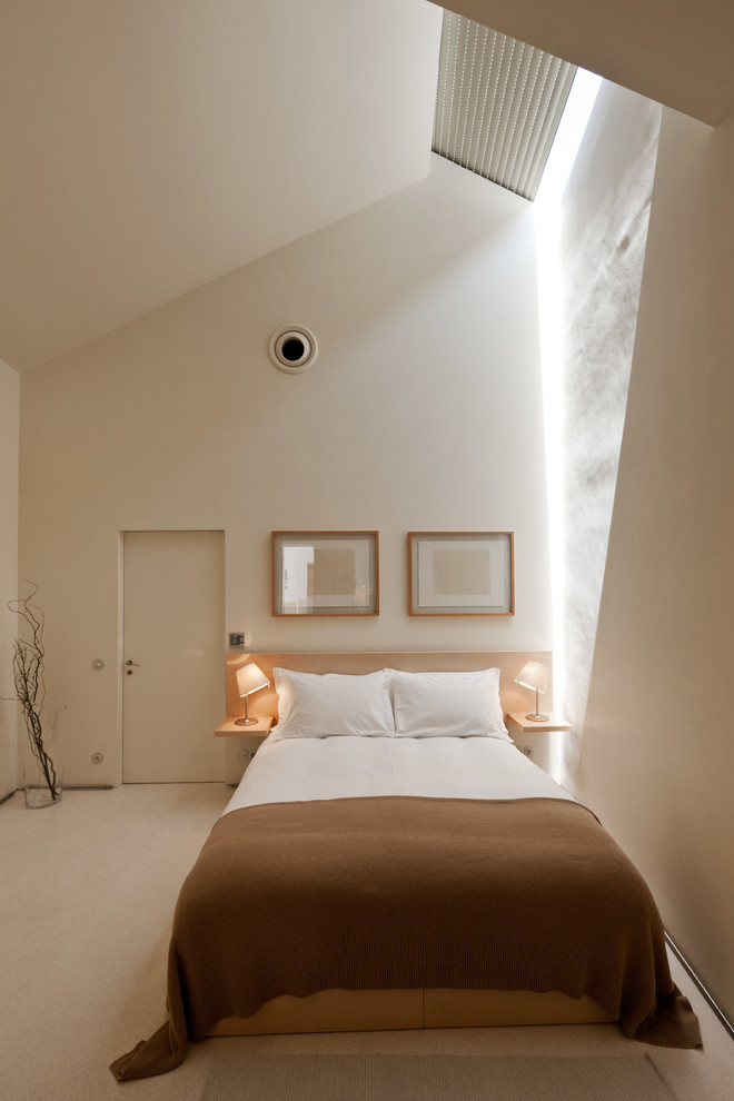 他の地域にある巨大なモダンスタイルのおしゃれなロフト寝室 (白い壁、大理石の床、標準型暖炉) のインテリア