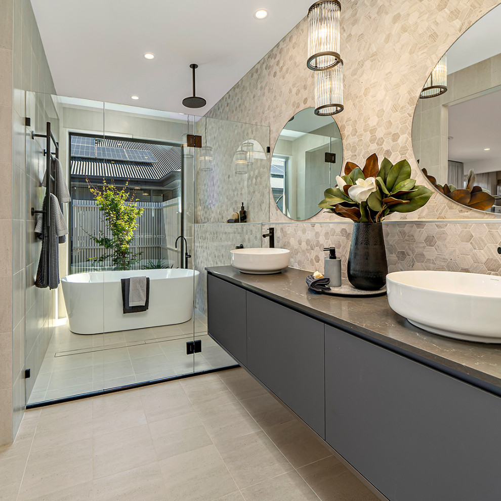 Photo of a large contemporary bathroom in Canberra - Queanbeyan with white walls, ceramic flooring and beige floors.