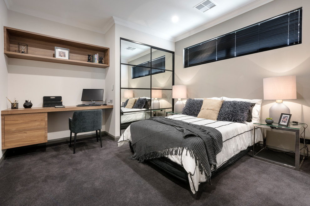 パースにあるコンテンポラリースタイルのおしゃれな寝室 (ベージュの壁、カーペット敷き、グレーの床)