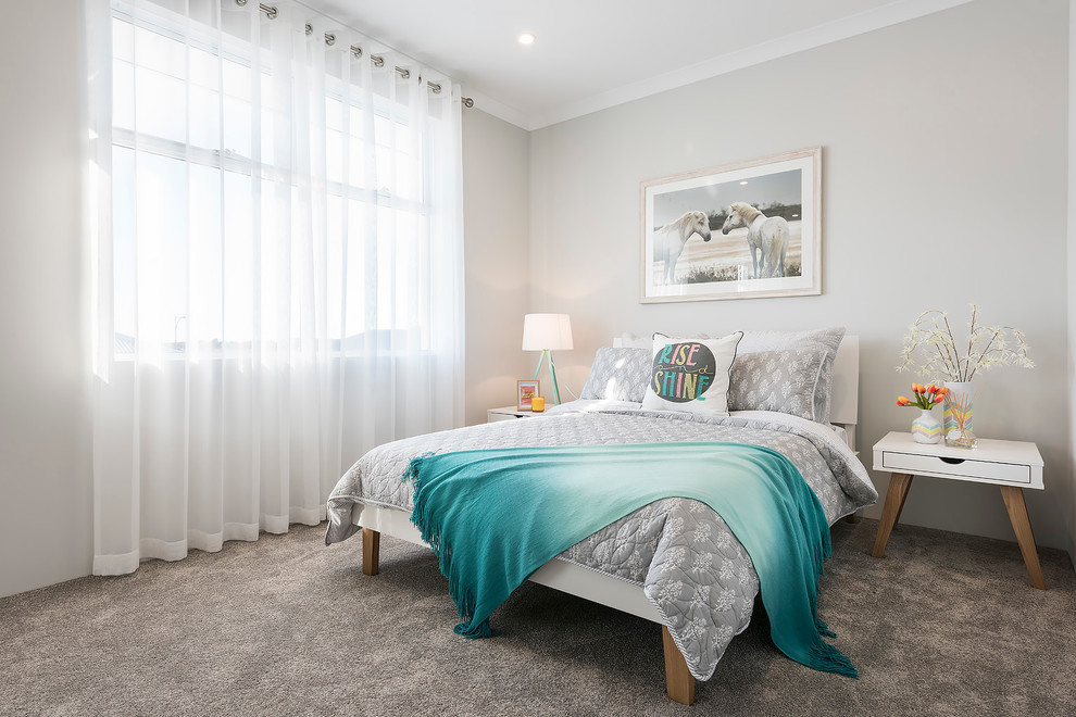 Mid-sized trendy guest carpeted bedroom photo in Perth with white walls