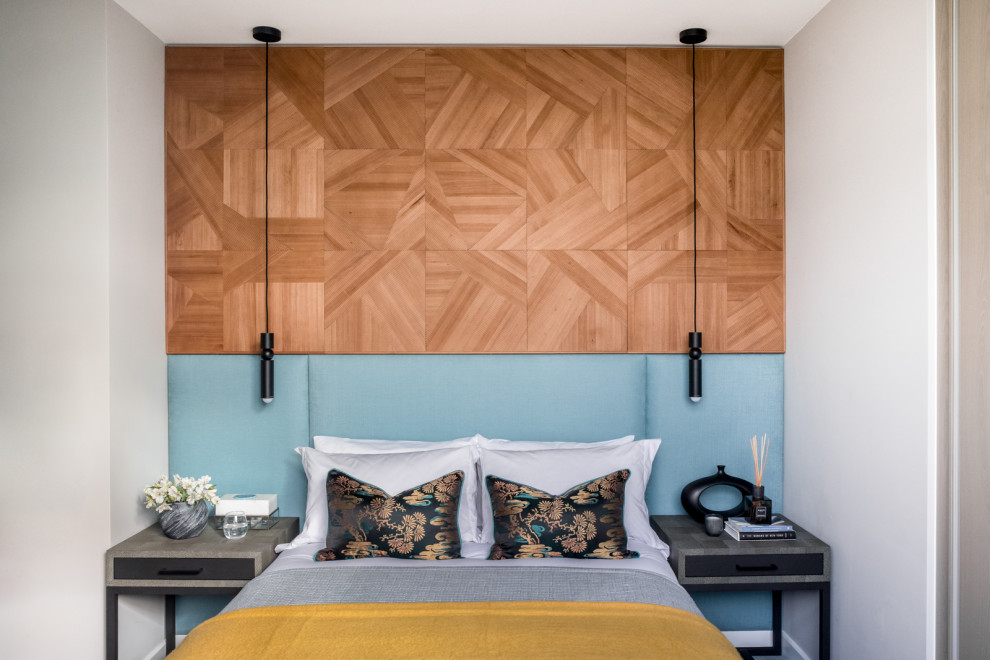 Mittelgroßes Modernes Gästezimmer mit grauer Wandfarbe, Teppichboden und grauem Boden in London