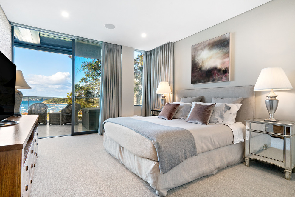 Inspiration for a medium sized contemporary master and grey and pink bedroom in Sydney with beige walls, carpet, grey floors and feature lighting.