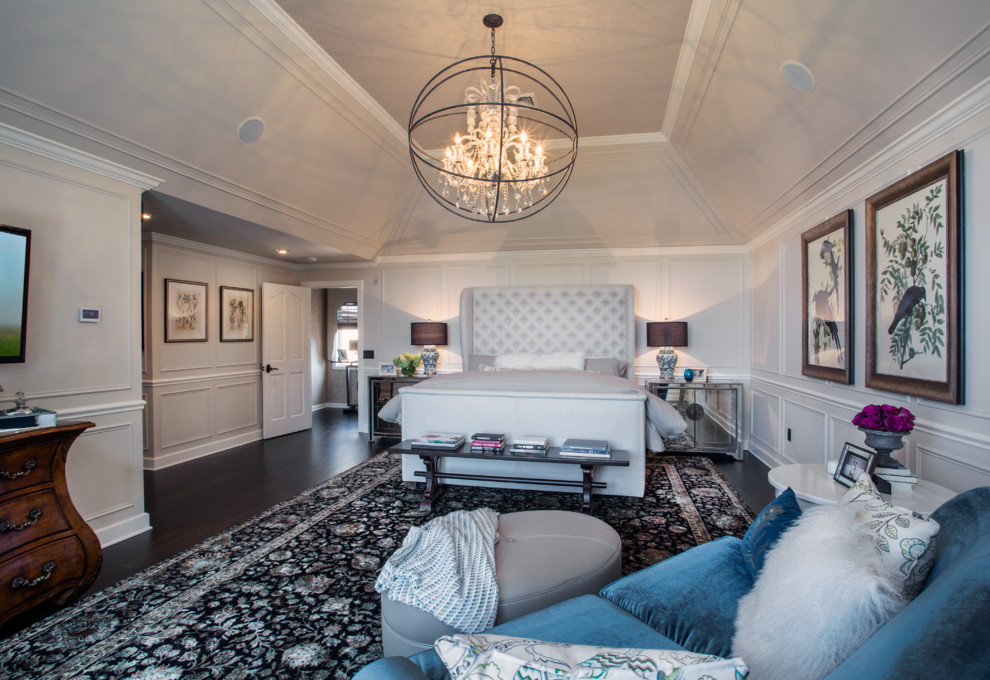 This is an example of a large traditional master bedroom in New York with beige walls, dark hardwood flooring and no fireplace.