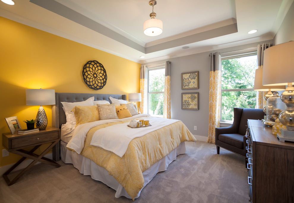Ejemplo de dormitorio moderno de tamaño medio sin chimenea con paredes grises, moqueta y suelo gris