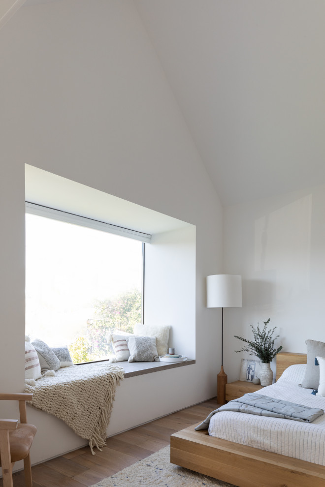 Example of a small minimalist master brown floor, vaulted ceiling and medium tone wood floor bedroom design in Los Angeles with white walls and no fireplace
