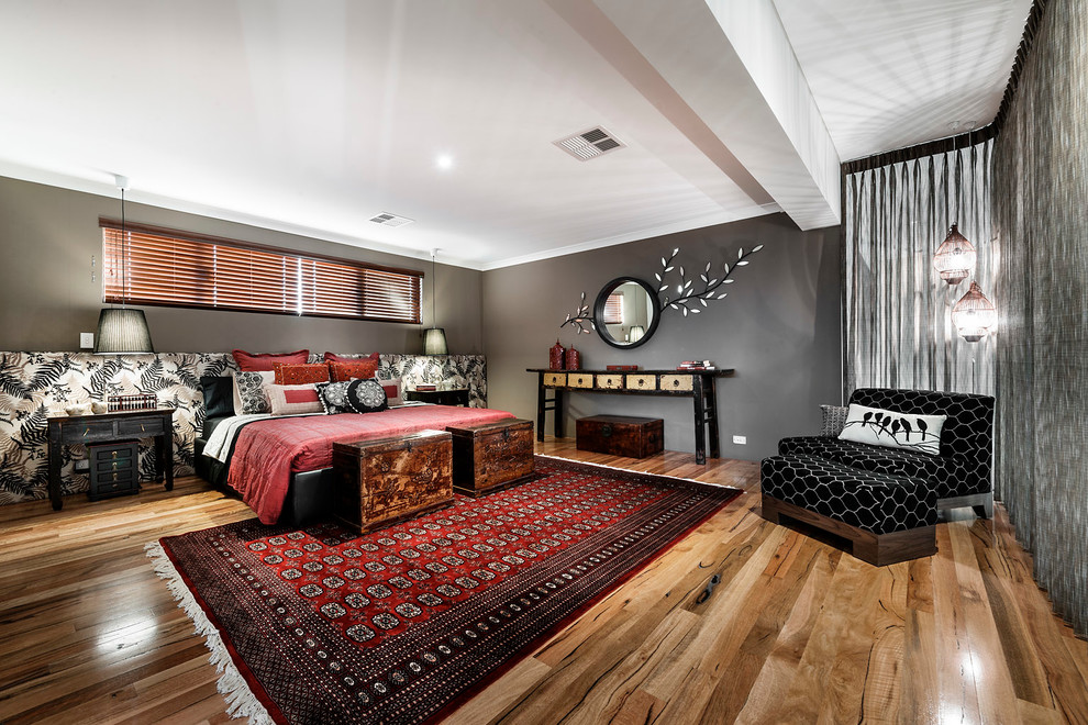 Inspiration for a large contemporary master vinyl floor bedroom remodel in Perth with gray walls