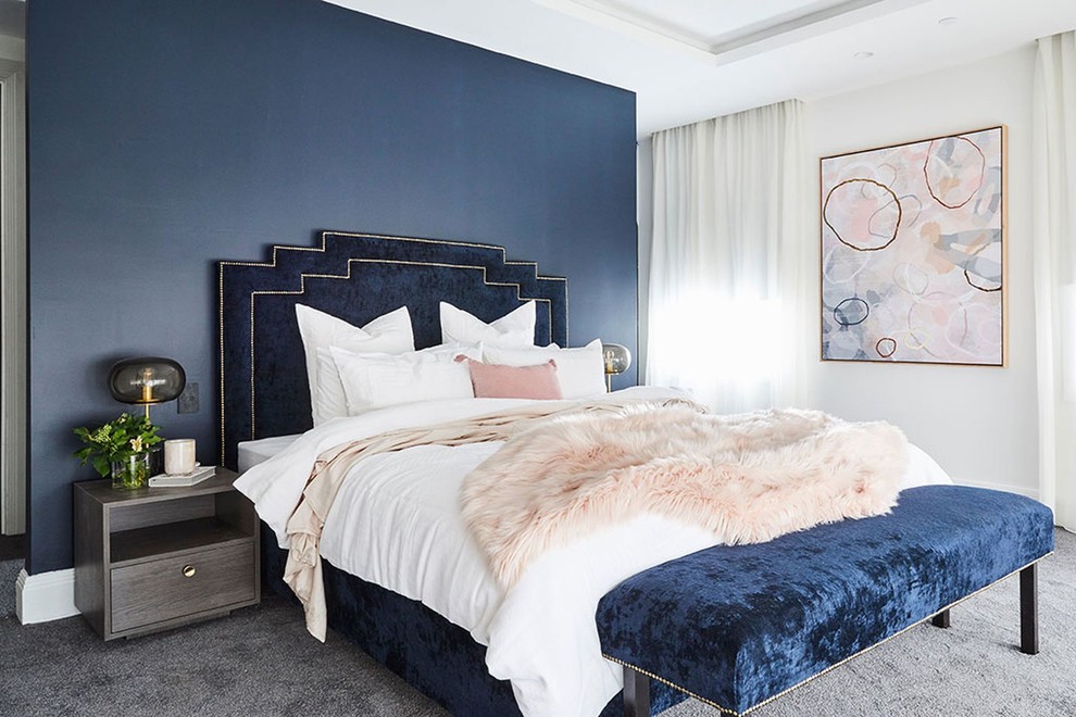 Classic master and grey and pink bedroom in Melbourne with blue walls, carpet, no fireplace and grey floors.
