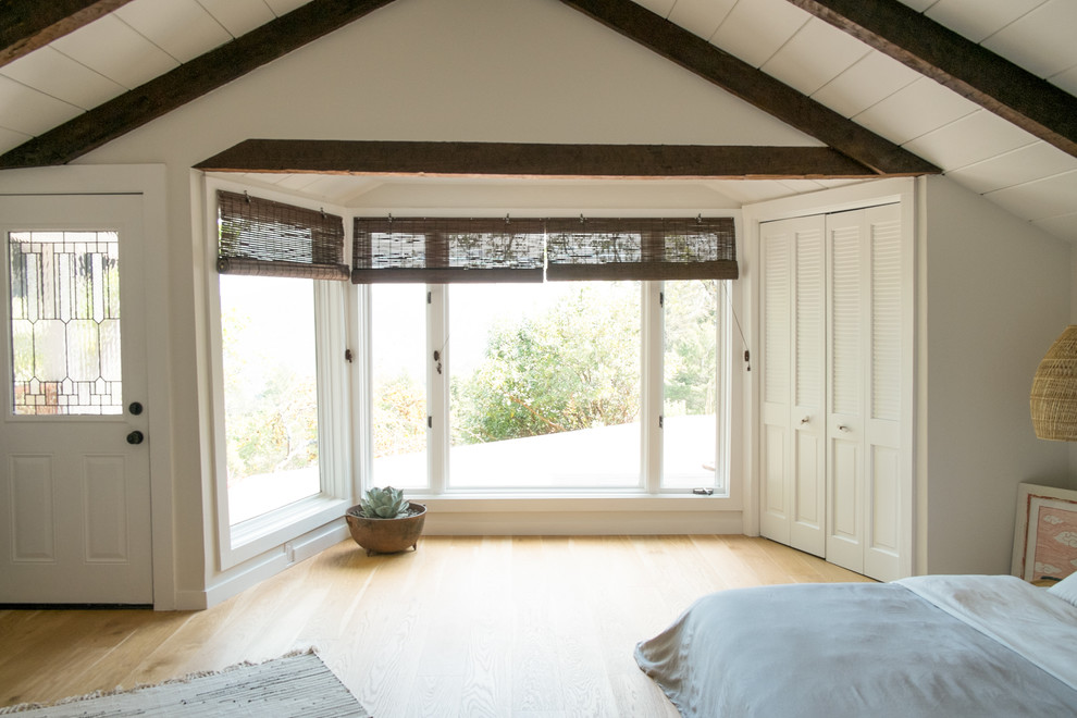 Ejemplo de dormitorio principal ecléctico grande con paredes blancas, suelo de madera clara y todas las chimeneas