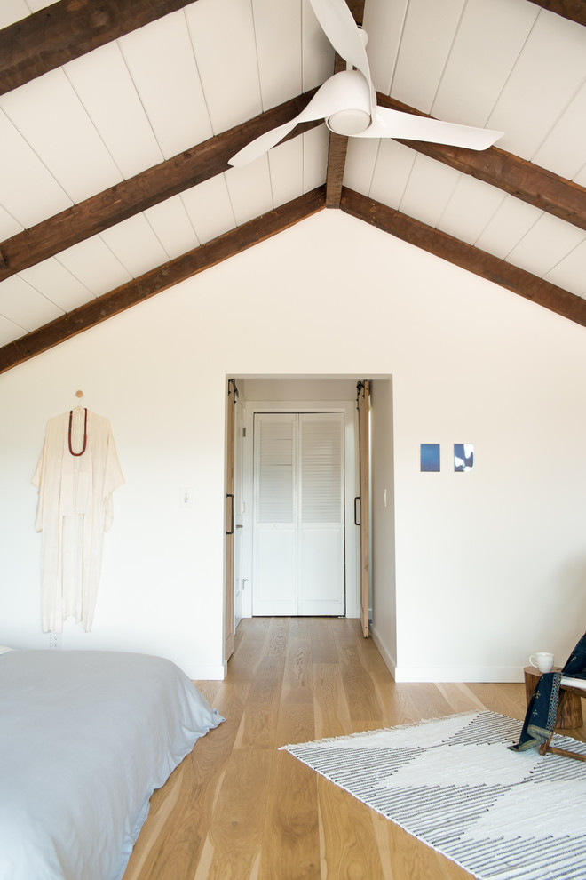 Modelo de dormitorio principal bohemio grande con paredes blancas, suelo de madera clara y todas las chimeneas