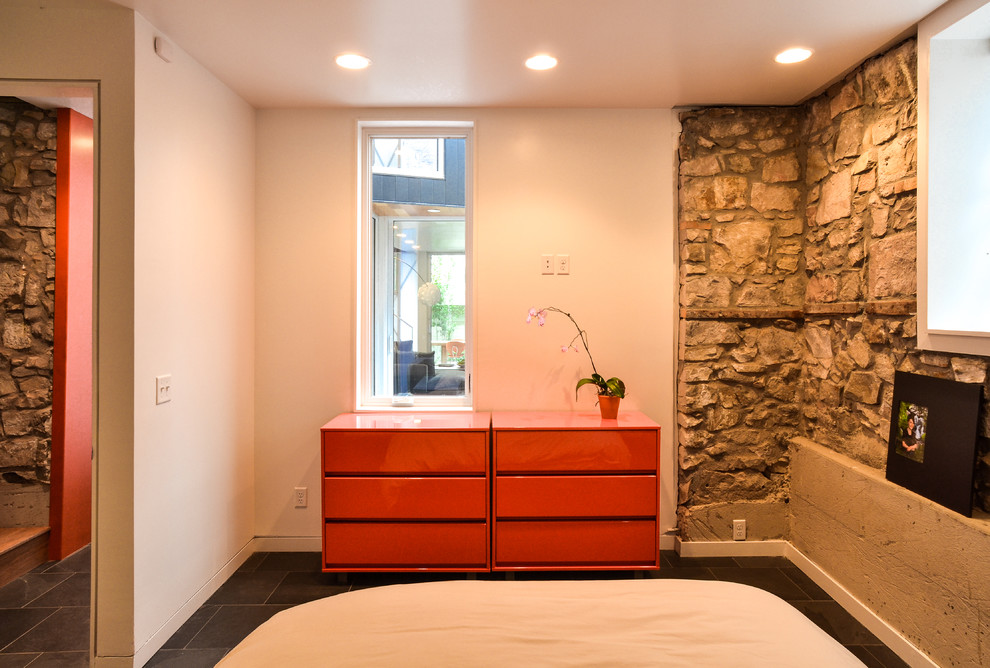 Foto di una camera degli ospiti contemporanea di medie dimensioni con pareti bianche, pavimento in ardesia, nessun camino e pavimento grigio