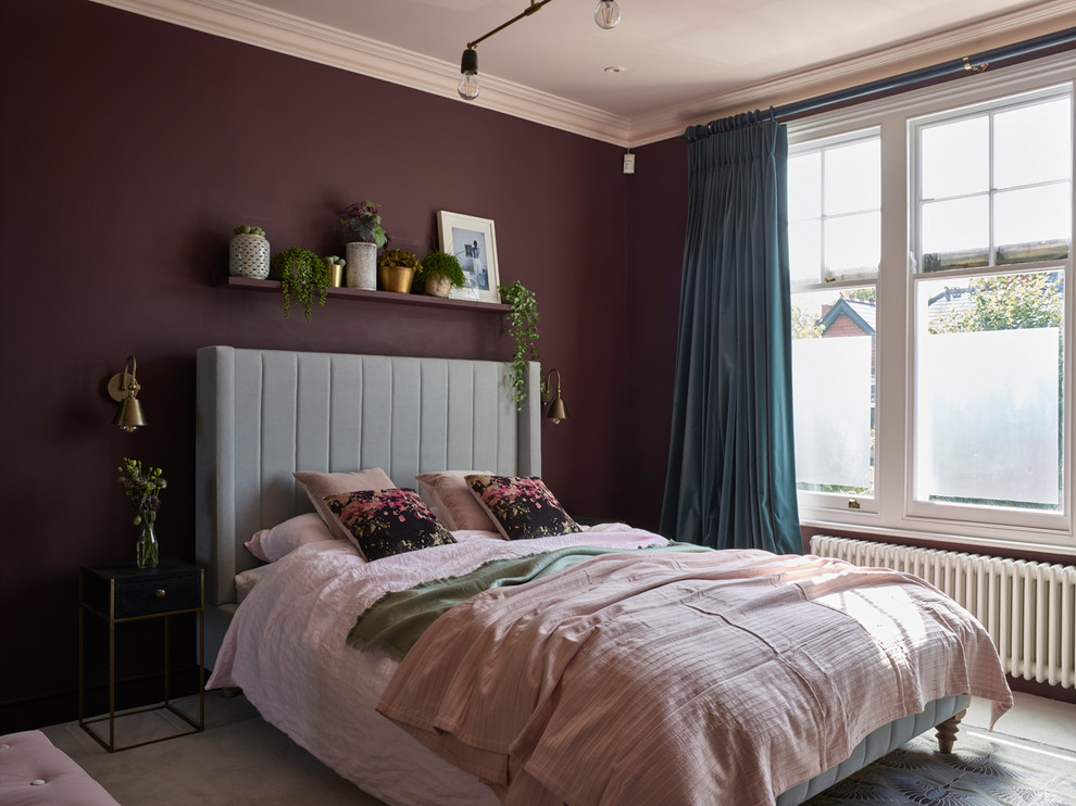 Inspiration for a medium sized scandinavian grey and pink bedroom in London with purple walls, carpet and grey floors.