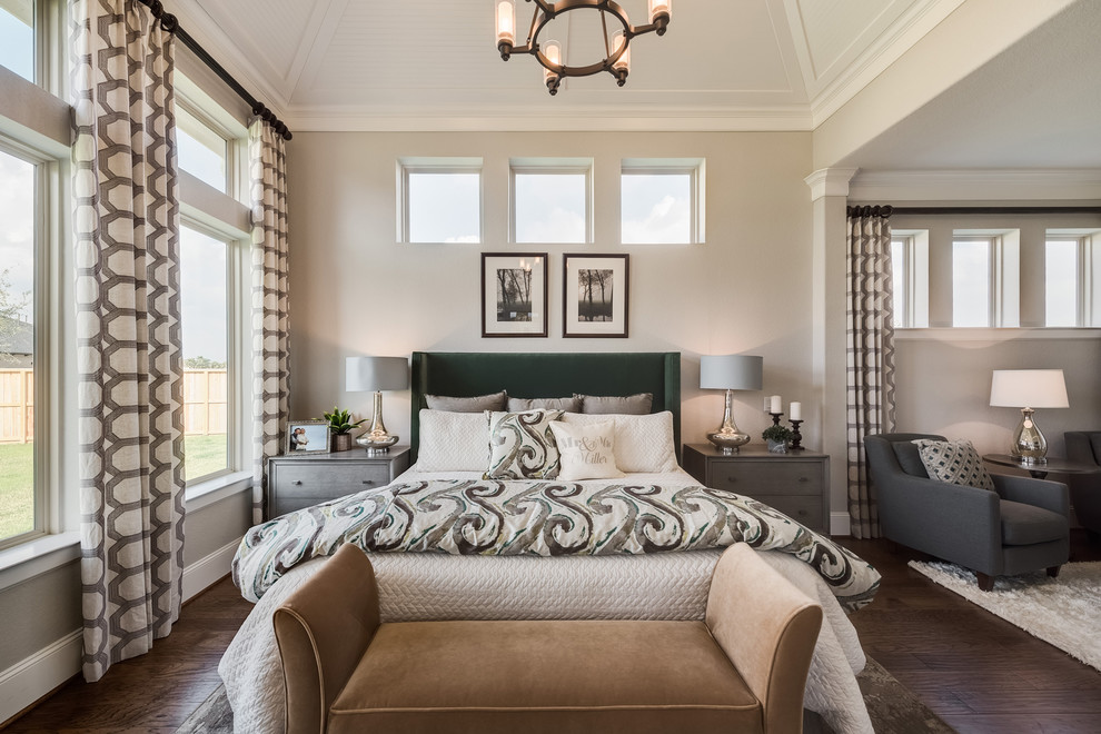 Inspiration for a traditional grey and brown bedroom in Houston with grey walls, dark hardwood flooring and brown floors.