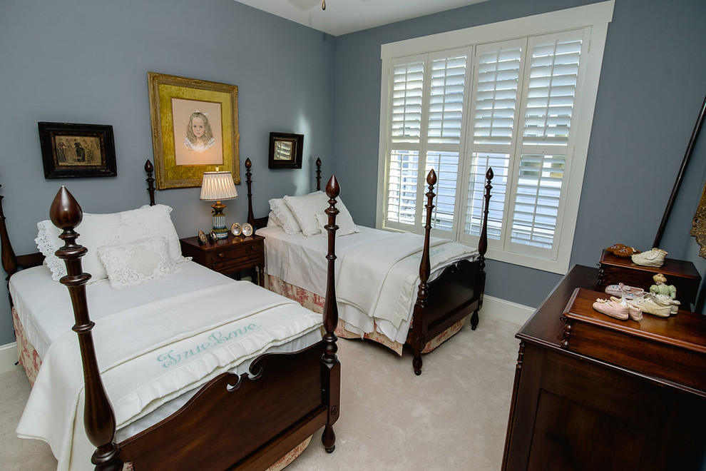 Design ideas for a medium sized coastal guest bedroom in Other with blue walls and carpet.