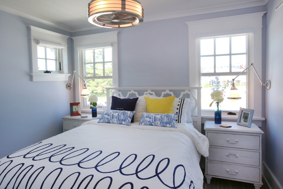Bedroom - small coastal guest medium tone wood floor and brown floor bedroom idea in Philadelphia with blue walls and no fireplace