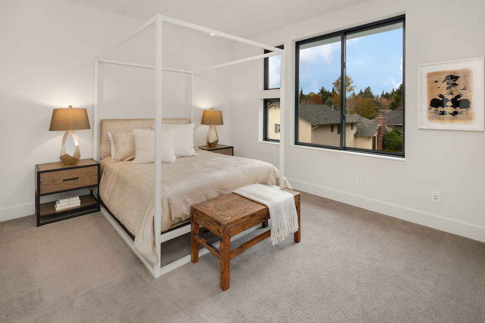 Mittelgroßes Modernes Gästezimmer mit weißer Wandfarbe, Teppichboden und grauem Boden in Seattle
