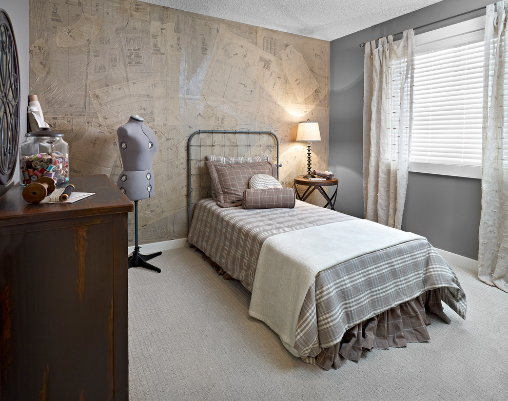 Inspiration for an eclectic carpeted bedroom remodel in Edmonton with gray walls