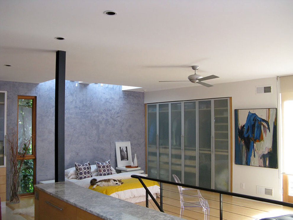 Immagine di una camera matrimoniale minimalista di medie dimensioni con pareti bianche e parquet chiaro