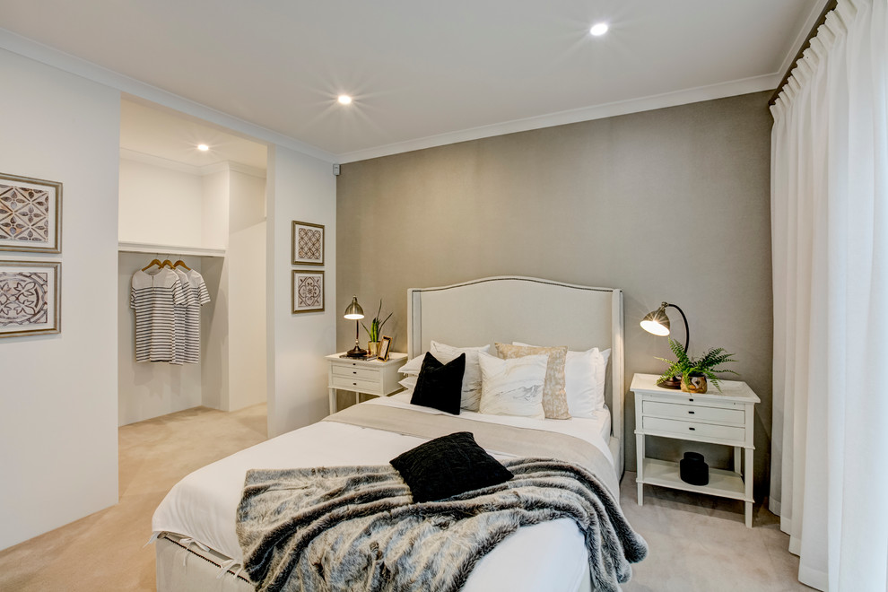 Идея дизайна: гостевая спальня среднего размера, (комната для гостей) в стиле модернизм с белыми стенами и ковровым покрытием без камина
