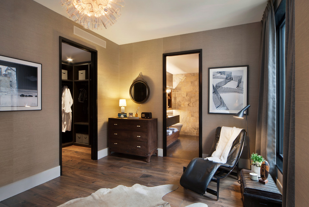 Bedroom - mid-sized modern master dark wood floor bedroom idea in New York with beige walls