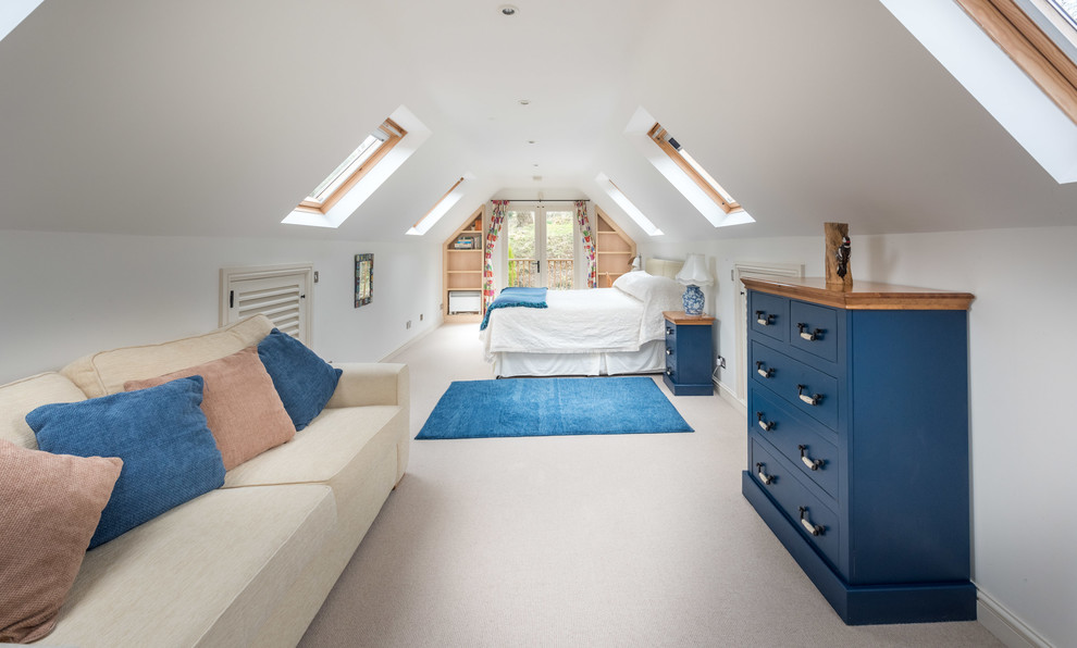 他の地域にあるコンテンポラリースタイルのおしゃれな主寝室 (白い壁、カーペット敷き、暖炉なし、勾配天井)