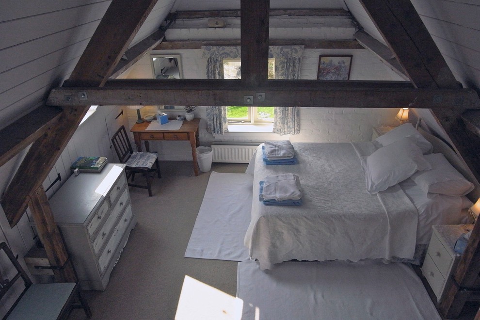 Diseño de dormitorio tipo loft rústico de tamaño medio sin chimenea con moqueta