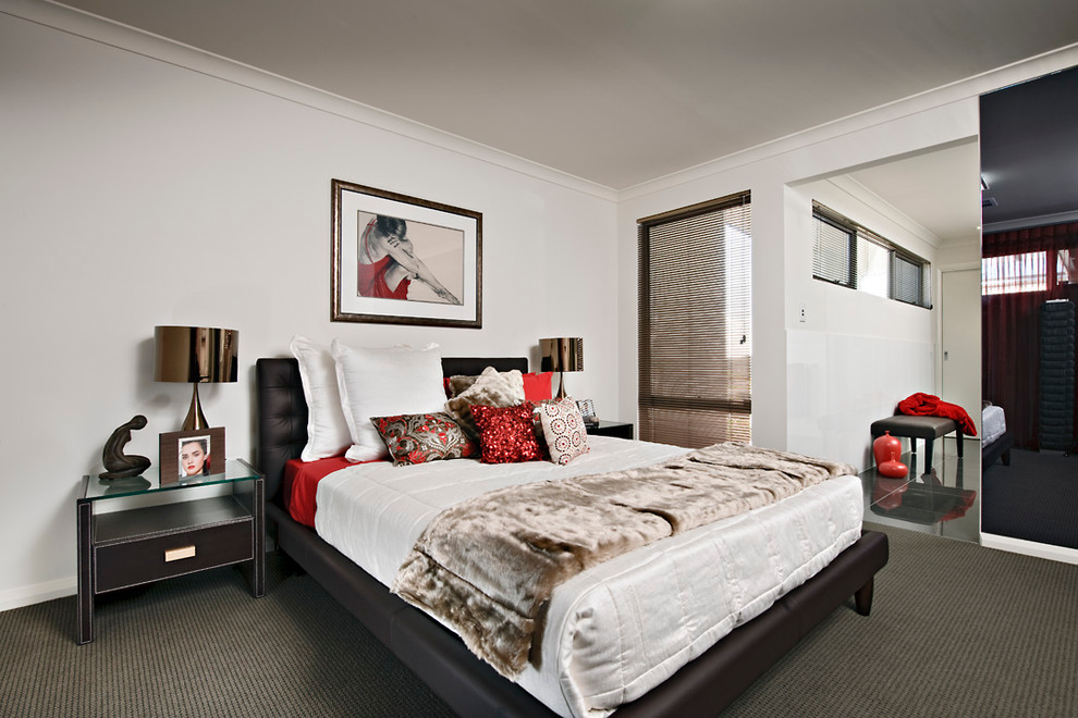Large contemporary master and grey and brown bedroom in Perth with white walls and carpet.