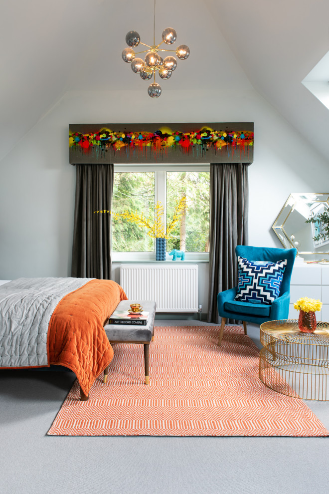 Eclectic carpeted, gray floor and vaulted ceiling bedroom photo in Buckinghamshire with white walls