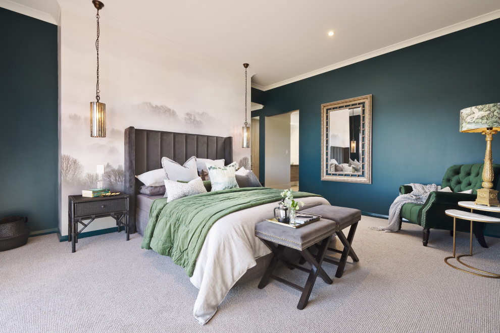 パースにあるコンテンポラリースタイルのおしゃれな寝室 (青い壁、カーペット敷き、グレーの床)