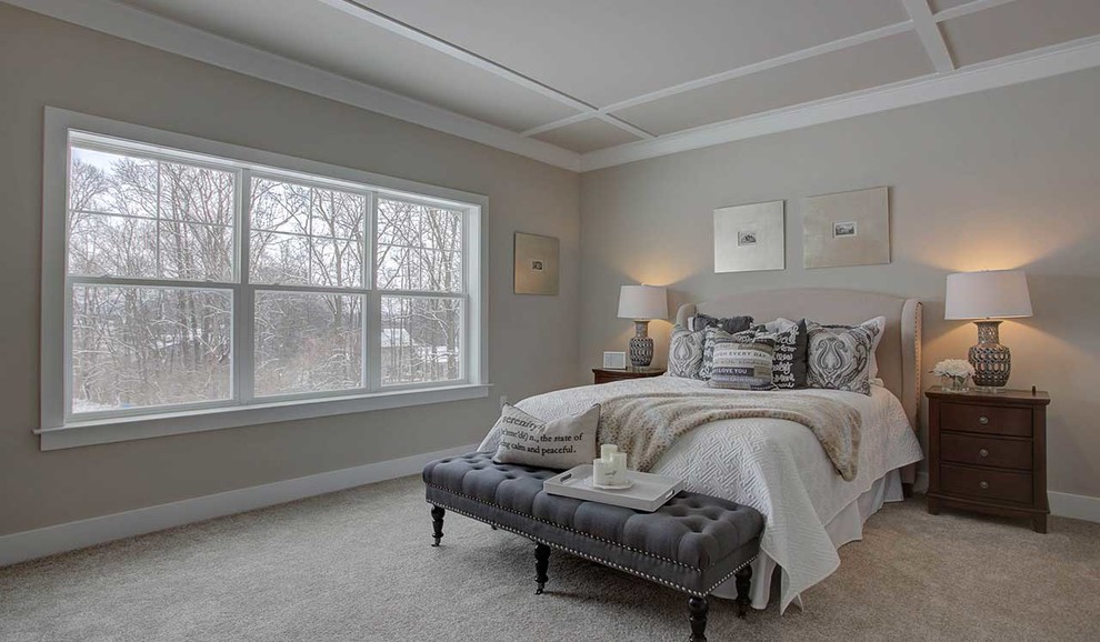 Inspiration for a large timeless master carpeted and beige floor bedroom remodel in Other with gray walls