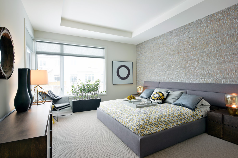 Inspiration for a contemporary master carpeted and gray floor bedroom remodel in Ottawa with gray walls