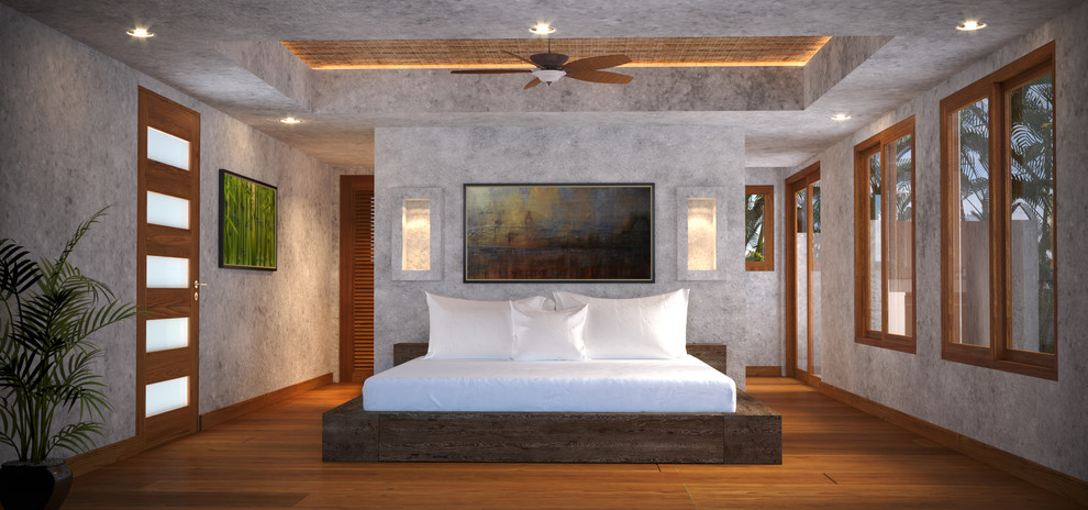 Bedroom - mid-sized tropical master bedroom idea in Hawaii with gray walls