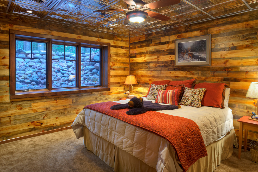 Design ideas for a rustic bedroom in Other with carpet.