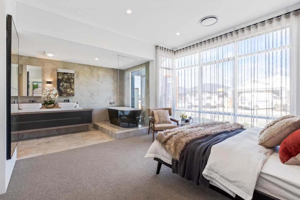 Trendy carpeted and gray floor bedroom photo in Perth with white walls