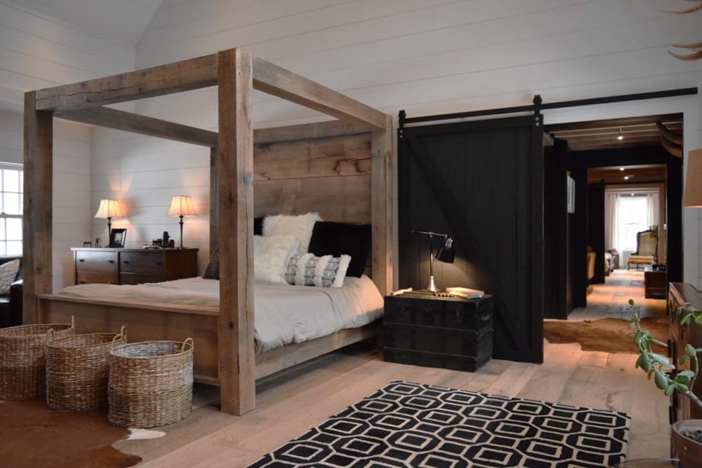 Ejemplo de dormitorio industrial grande con paredes blancas y suelo de madera en tonos medios