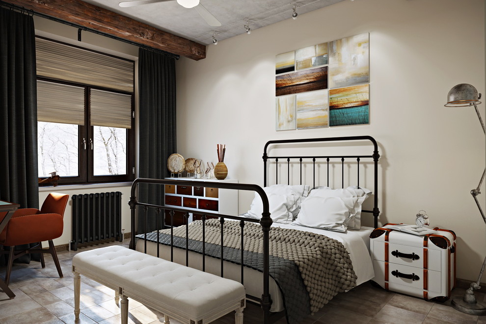 Modelo de dormitorio industrial con paredes blancas y suelo de travertino