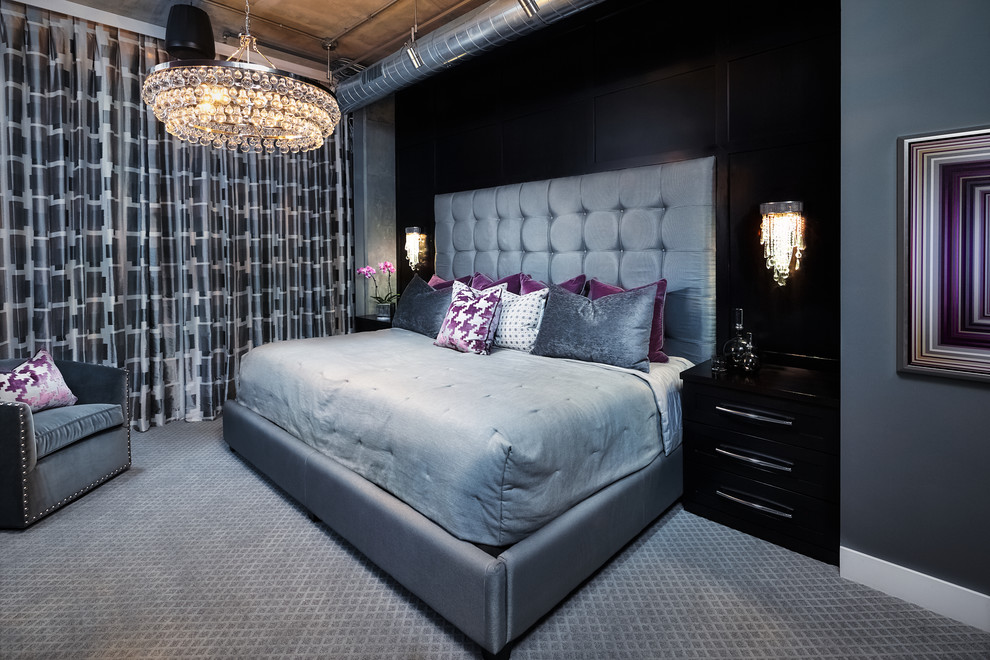 Modelo de dormitorio principal minimalista de tamaño medio sin chimenea con paredes grises y moqueta