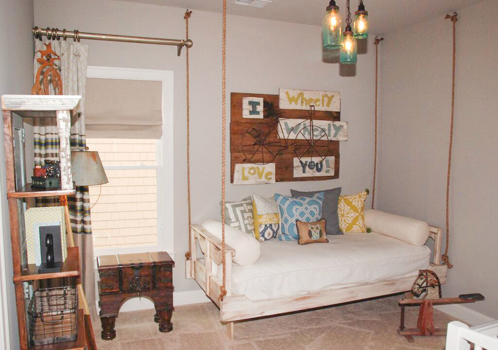 Example of a mid-sized country guest carpeted bedroom design in Atlanta with gray walls