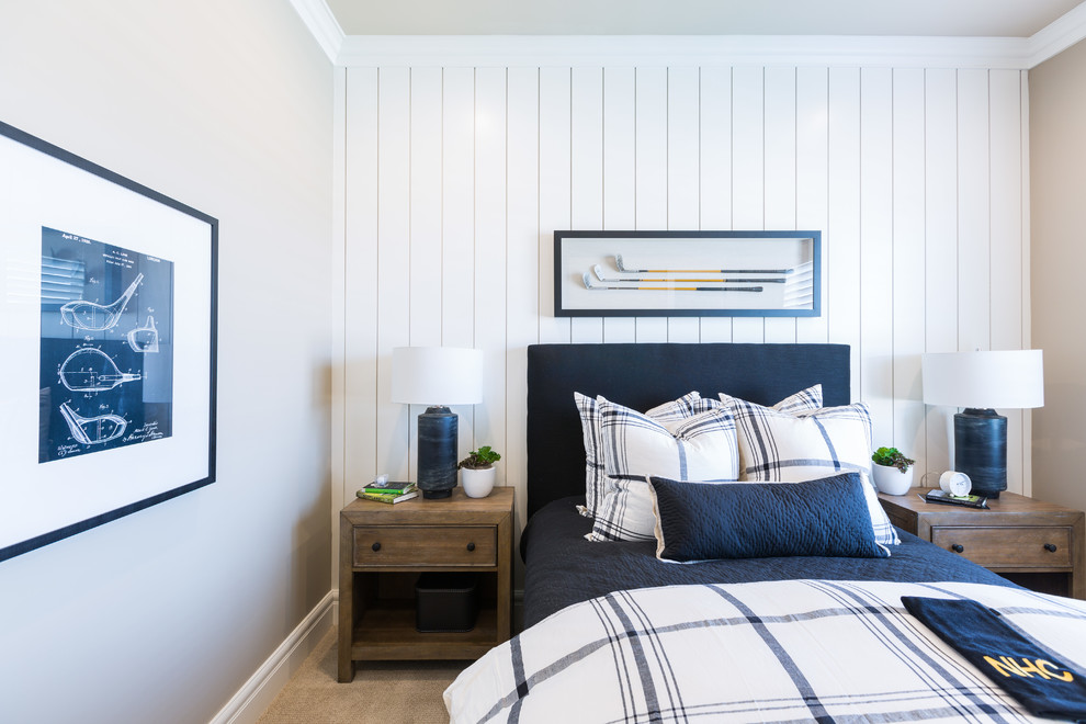 Imagen de habitación de invitados minimalista de tamaño medio sin chimenea con paredes grises, moqueta y suelo gris