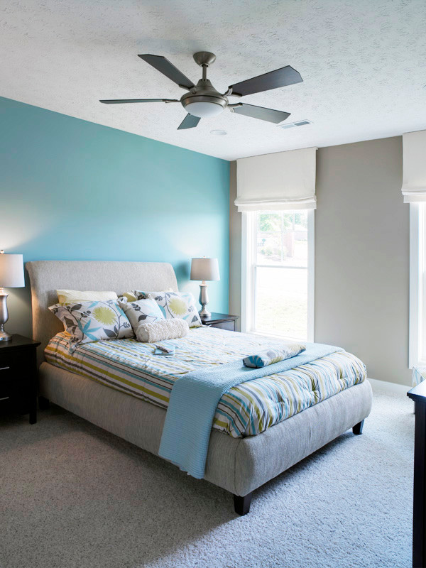 Bedroom - mid-sized transitional master carpeted bedroom idea in Other with blue walls