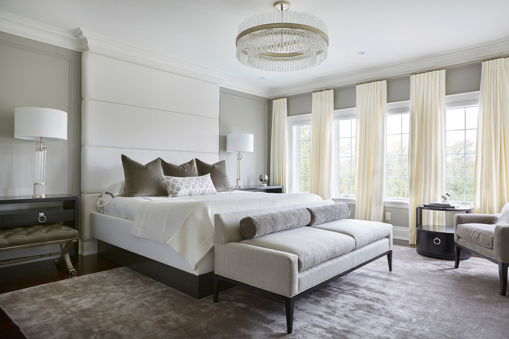 Bedroom - large transitional master dark wood floor bedroom idea in Toronto with gray walls